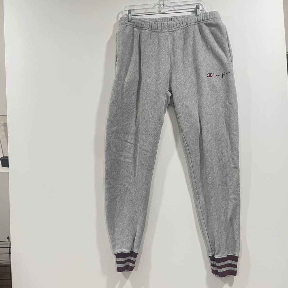 Champion‎ VTG Reverse Weave Mens L Heather Gray Striped Cuff Jogger Sweatpants